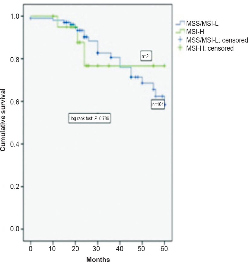 Disease-specific survival of patients according to MSI phenotype.